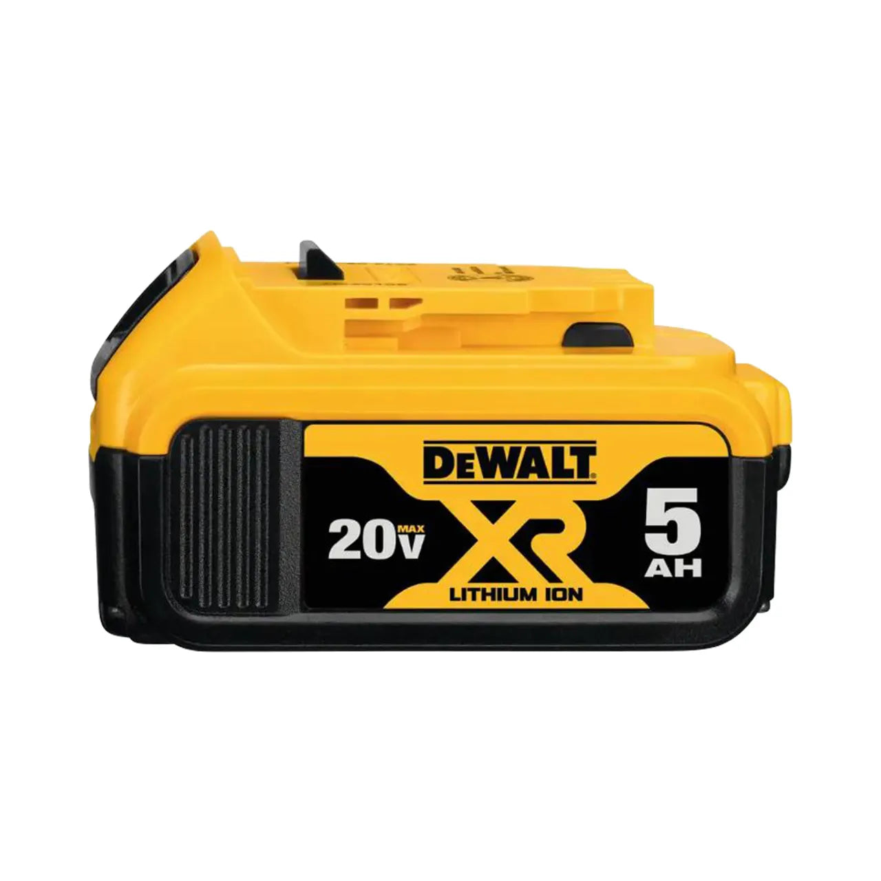 A Go Build 20V MAX XR Premium Lithium-Ion 5.0Ah Battery Pack is shown on a white background, ideal for powering tools from The Fastest Way To Build system.